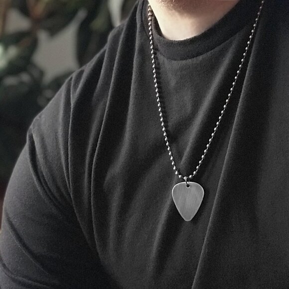 Rustic Stainless Steel Guitar Pick Necklace - 24 Inch Chain - Picture 1 of 5
